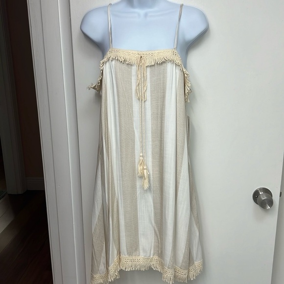 White & khaki striped linen Dress, Spaghetti straps, Fringe at top & bottom - Picture 1 of 12